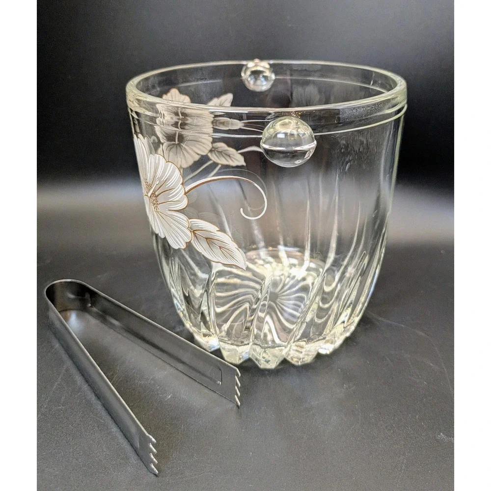 Vintage Mid Century Floral Etched Ice Bucket with Tongs